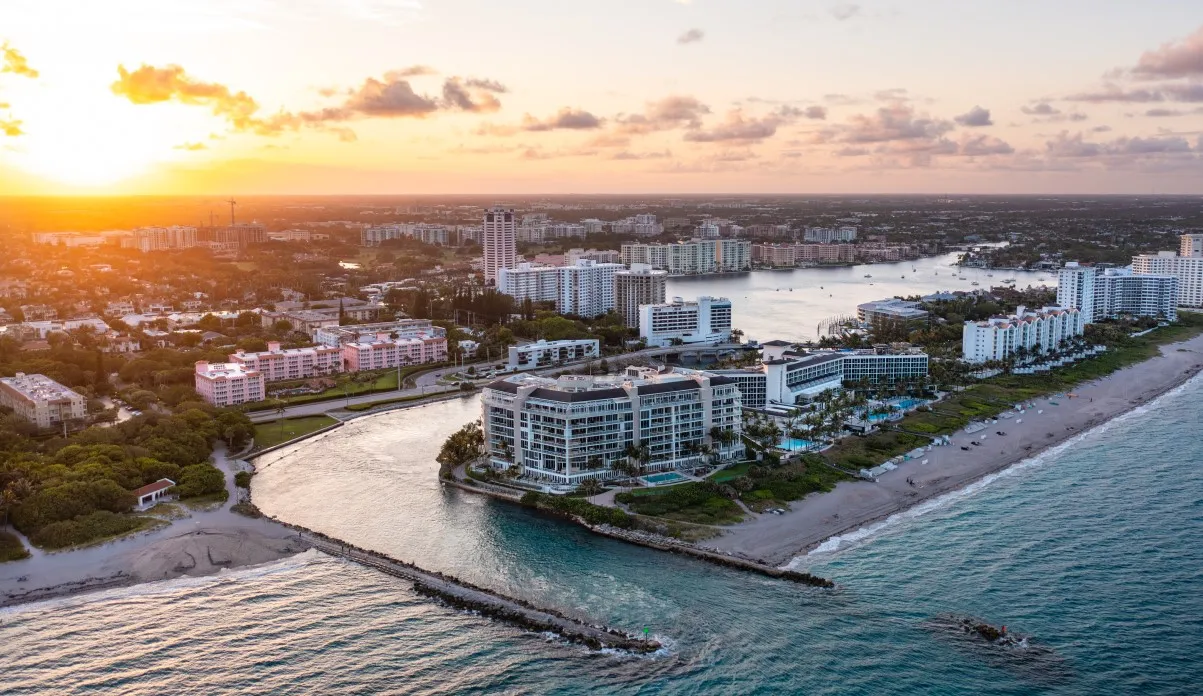 Beautiful Florida aerial view of Boca Raton skyline at sunset
