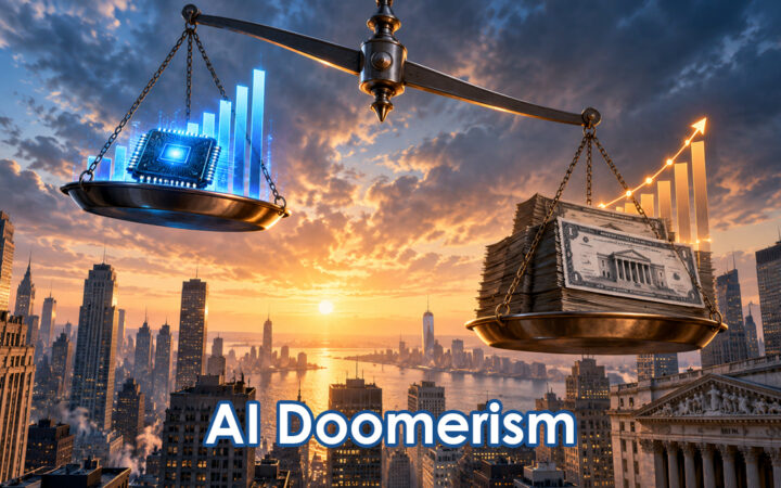 Scales balance a glowing AI chip bar graph against a stack of bills over a city skyline at sunset, with the words 'AI Doomerism' at bottom.