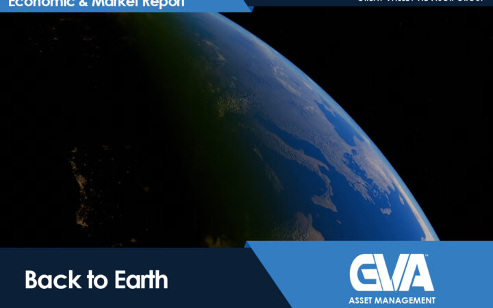 Hero banner for Economic & Market Report with Earth from space, 'Back to Earth', and GVA Asset Management branding.