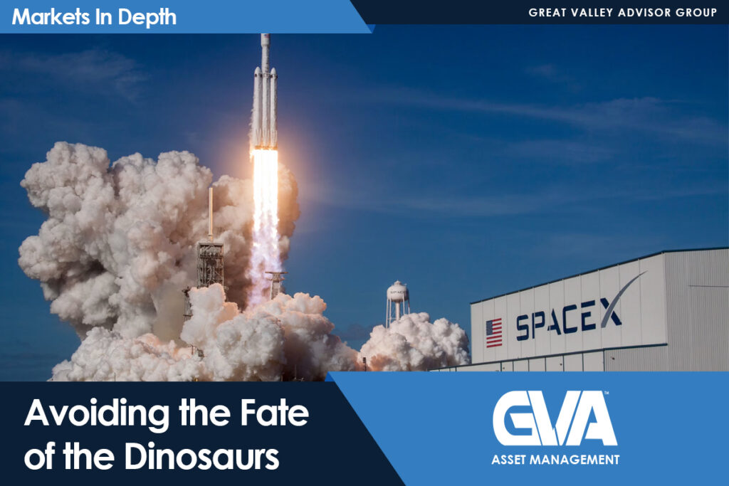 Rocket launch at SpaceX with a blazing plume; article title reads 'Avoiding the Fate of the Dinosaurs' with branding for GVA Asset Management and Markets In Depth.