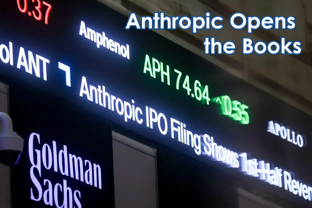 Electronic stock ticker board displaying the headline 'Anthropic Opens the Books' with company names (Goldman Sachs, Apollo) and market data in the background