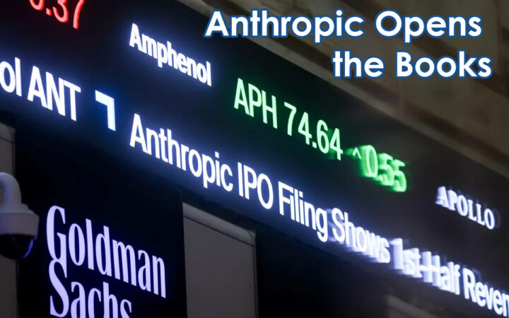 Electronic stock ticker board displaying the headline 'Anthropic Opens the Books' with company names (Goldman Sachs, Apollo) and market data in the background