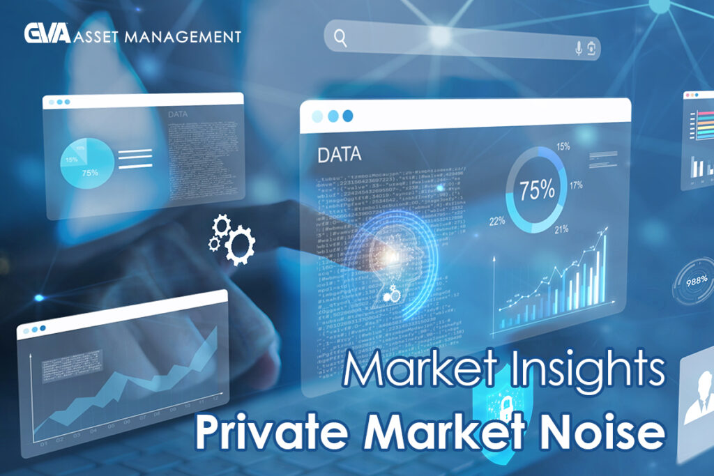 Branding: EVA Asset Management with futuristic data dashboards and charts showing market insights visuals and the title 'Market Insights: Private Market Noise' in bold blue text