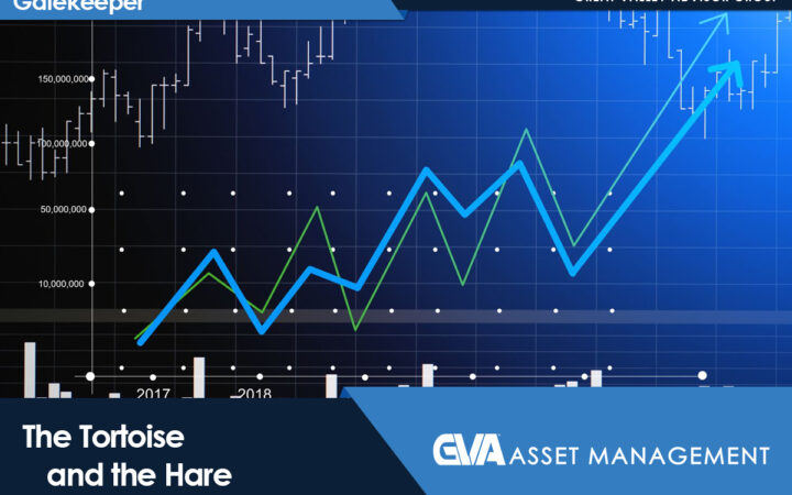 Banner with a financial chart showing blue and green lines, overlaid by the title 'The Tortoise and the Hare' and the GVA Asset Management logo.